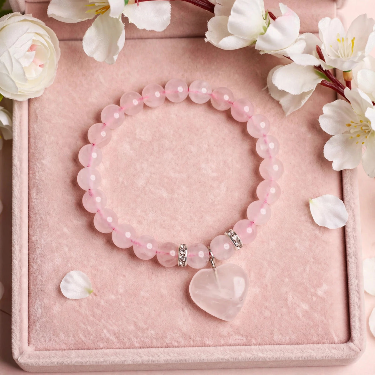 Authentic Rose Quartz Heart Charm Bracelet