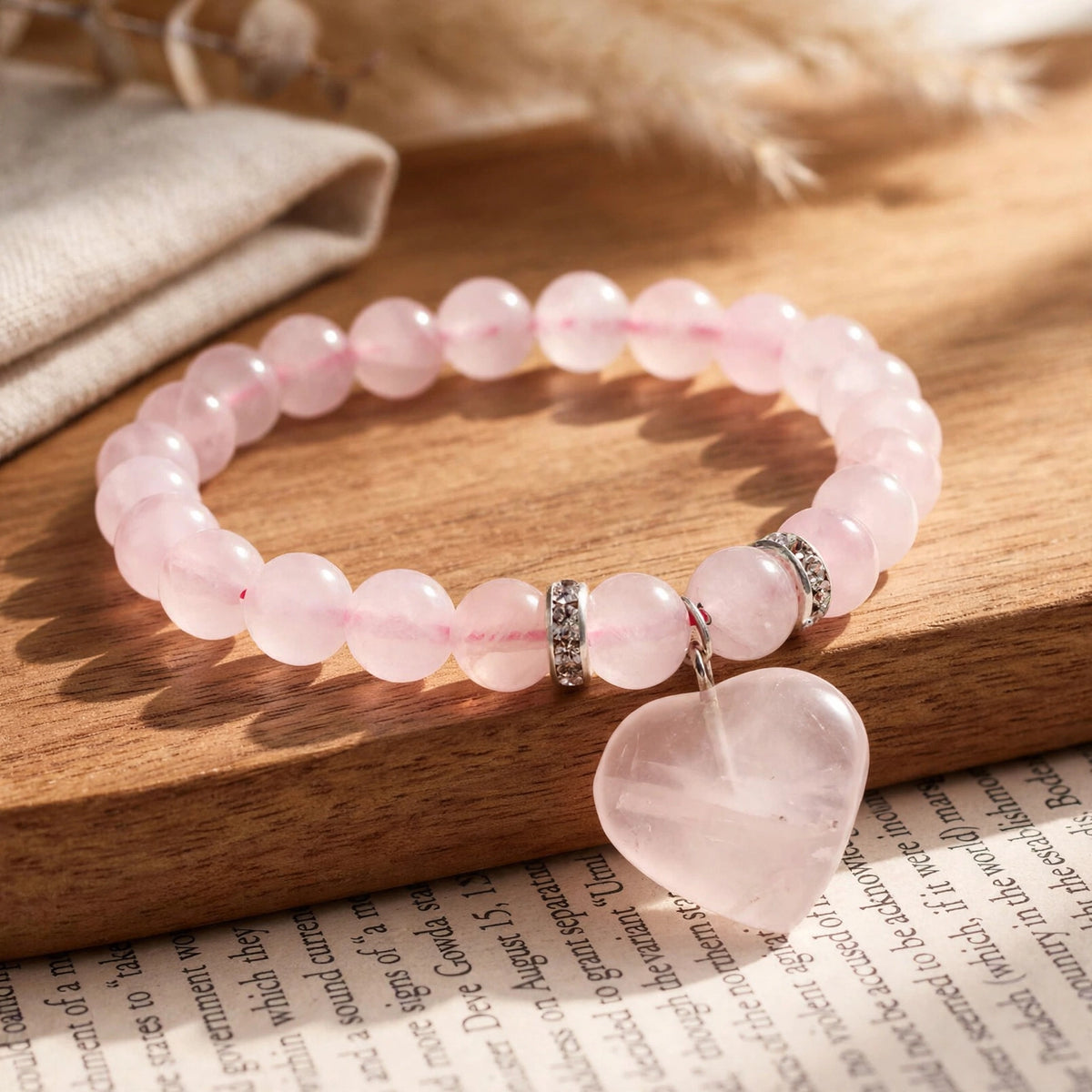 Authentic Rose Quartz Heart Charm Bracelet